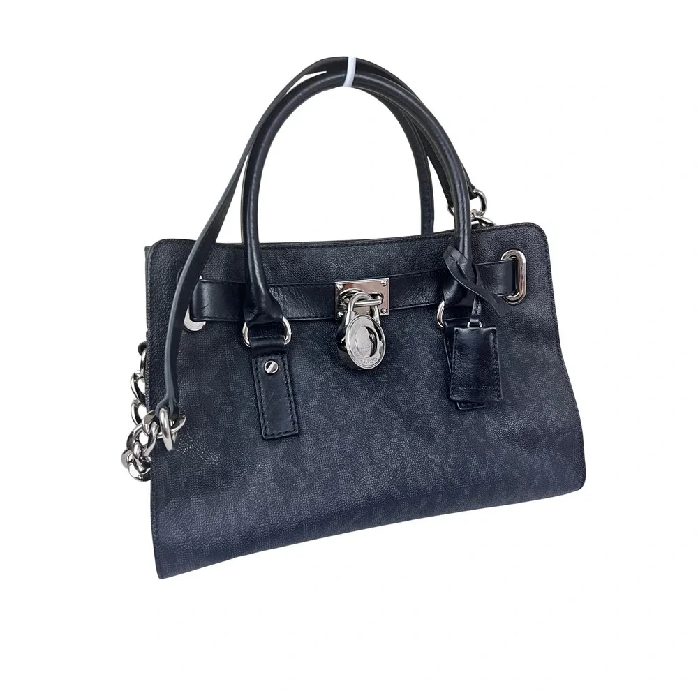 Michael Kors Hamilton Satchel Womens Medium Black Excellent Monogram Padlock